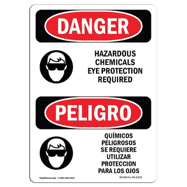 OSHA, Hazardous Chemicals Eye Protection Bilingual, 5in X 3.5in, 10PK, 3.5" W, 5" H, Spanish, PK10